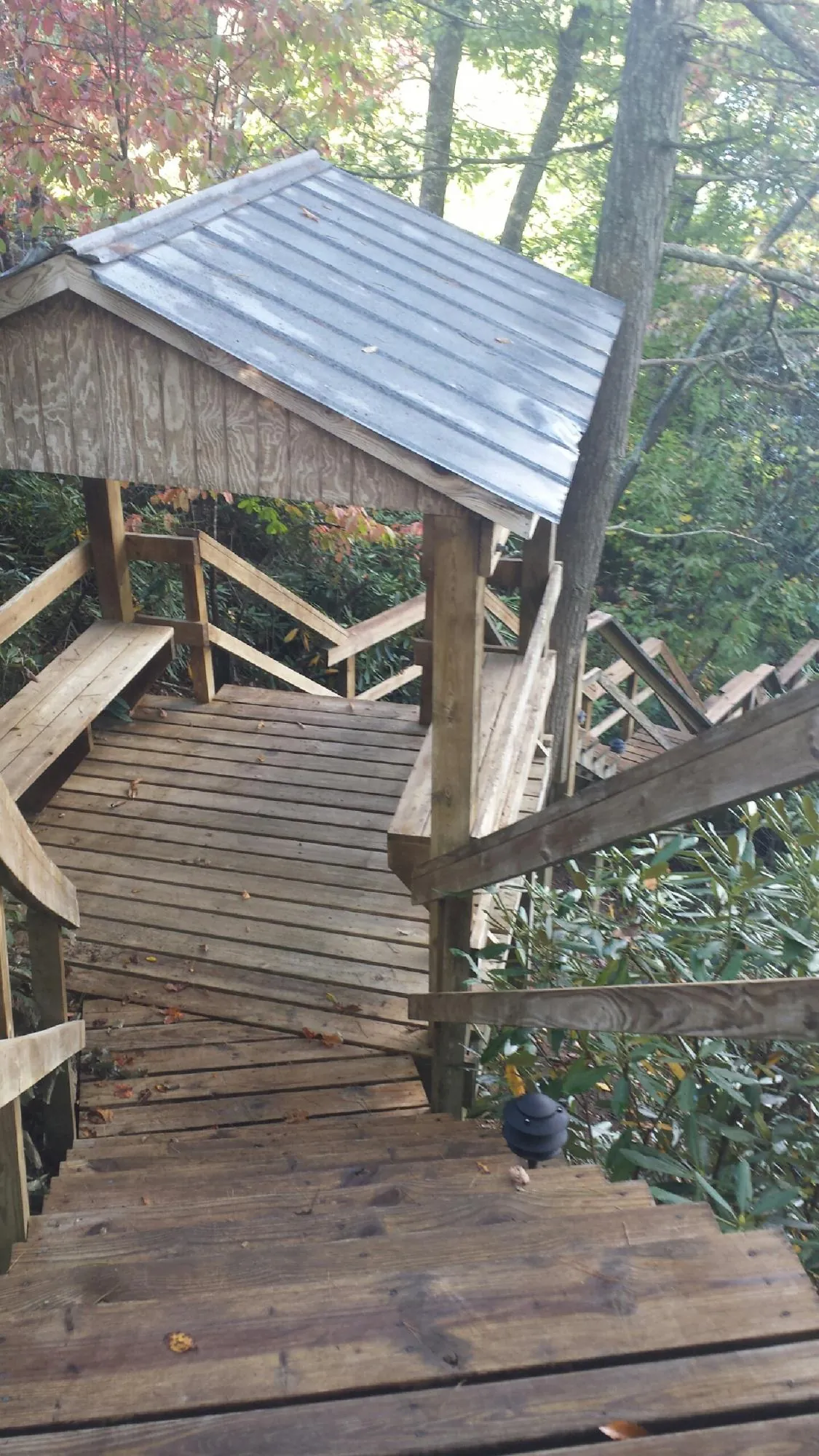 Metal roofed shelter over wooden steps on a wooded walkway — Skylight Repair & Installation work by our crew in Seneca
